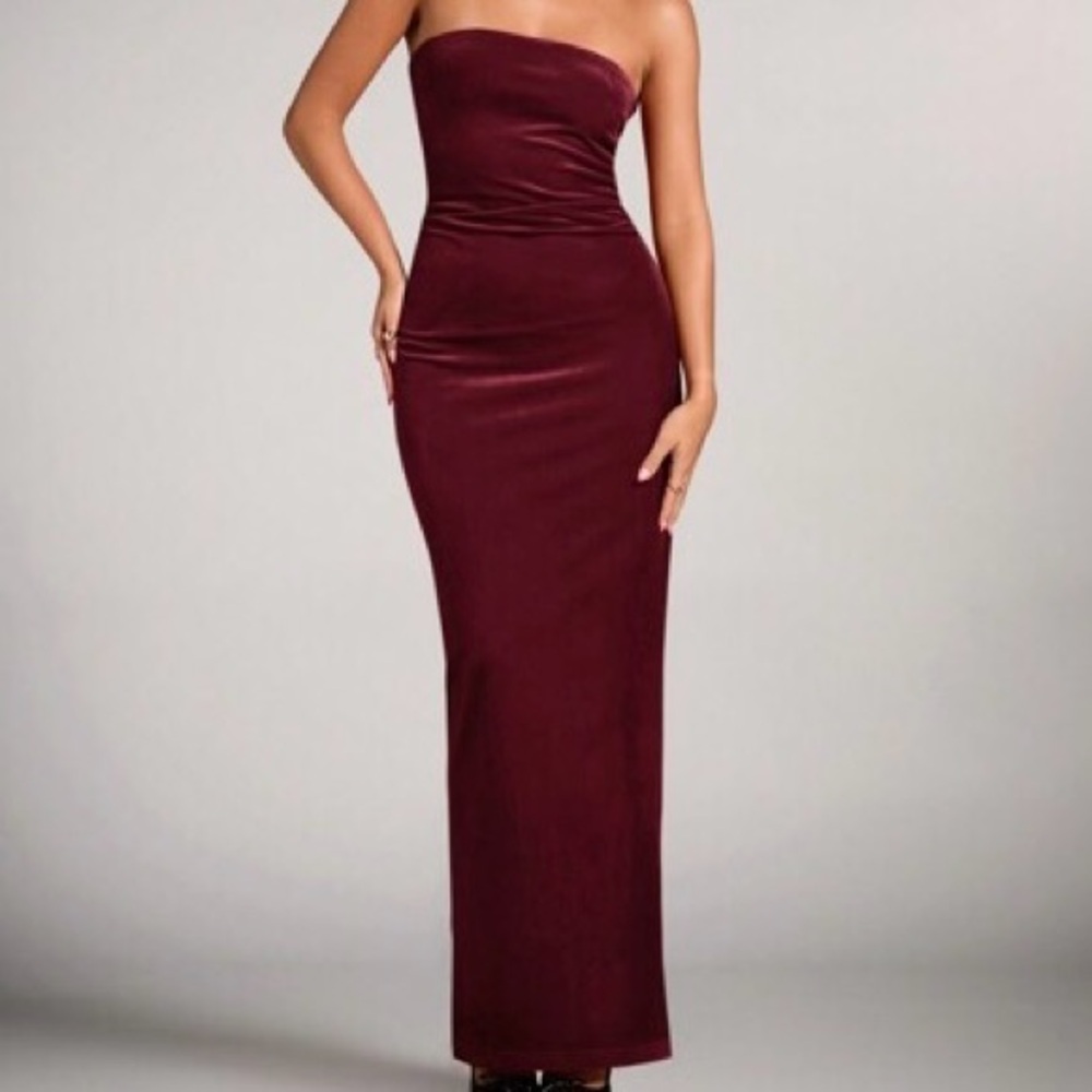 Maroon Red Ribbed Backless Strapless Tie Back Bodycon Midi Maxi Dress size Small